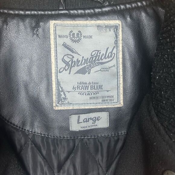 Springfield Black Brown Long Sleeve Varsity Jacket Size L Wool Leather Trim - Picture 9 of 14